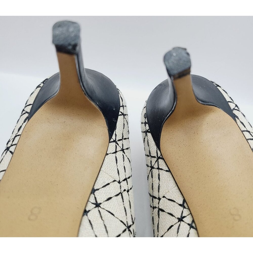 Coach And Four Beige & Black Geometric Peep-Toe Heels Size 8 Canvas 3" Stiletto - Picture 14 of 15